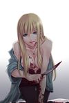  bad_id bad_pixiv_id bare_shoulders blonde_hair blood blue_eyes breasts cleavage collarbone fishnet_pantyhose fishnets hair_censor hair_over_breasts heart jewelry knife large_breasts long_hair navel necklace off_shoulder open_clothes open_shirt original pantyhose shirt skirt solo soudou unzipped yandere 