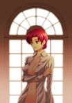 amputee bazett_fraga_mcremitz breast_hold breasts cleavage covered_nipples fate/hollow_ataraxia fate/stay_night fate_(series) large_breasts mgk968 no_bra open_clothes open_shirt red_hair shirt short_hair silhouette solo window 