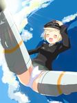  bad_id bad_pixiv_id blonde_hair blush closed_eyes cloud day erica_hartmann flying izumi_(sa_na_ra_ra) laughing panties short_hair sky solo spread_legs strike_witches striker_unit underwear uniform world_witches_series 