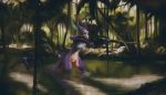  2019 5_fingers anthro breasts detailed_background digital_media_(artwork) female fin fish forest fruitbloodmilkshake green_eyes gun hair hi_res holding_object holding_weapon jungle marine nipples nude partially_submerged purple_hair pussy ranged_weapon shark solo standing swamp tree water weapon 
