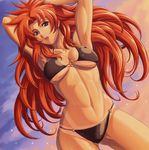  abs absurdres armpits bikini bikini_tan breasts eiwa highres large_breasts long_hair muscle queen's_blade red_hair risty solo swimsuit tan tanline toned underboob wet 