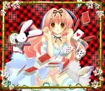  alice_in_wonderland bad_id bad_pixiv_id blush bow bow_panties breasts brown_eyes bunny card choker cleavage dress dress_lift falling_card flower hair_ribbon kino_(kino_konomi) large_breasts original panties pantyshot pink_hair plaid plant playing_card ribbon skirt skirt_flip solo spill striped striped_legwear thighhighs underwear vines wavy_mouth white_rabbit 