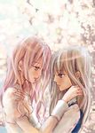  2girls blue_eyes blush cherry_blossoms diadem dress ena_(gonhiyo) green_eyes multiple_girls pink_hair pixiv_thumbnail resized silver_hair yuri 