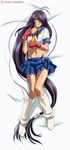  :o antenna_hair bangs bed bed_sheet blue_eyes blush breasts crop_top dakimakura embarrassed fingerless_gloves from_above full_body gloves gotou_junji groin hair_over_one_eye ikkitousen ikkitousen_great_guardians kan'u_unchou kneehighs legs long_hair loose_socks low-tied_long_hair lowleg lowleg_skirt lying medium_breasts midriff navel necktie no_panties non-web_source on_back open_mouth parted_bangs pleated_skirt ponytail purple_hair school_uniform serafuku shadow sidelocks skirt socks solo swept_bangs thigh_gap very_long_hair watermark white_legwear wide_hips 