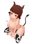  :3 animal_ears animal_print breasts brown_eyes brown_hair cow_ears cow_girl cow_print cow_tail horns large_breasts mousoucata nipples original puffy_nipples short_hair solo tail thighhighs topless 