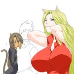  animal_ears arms_behind_head arms_up bad_id bad_pixiv_id black_hair blonde_hair blue_eyes breast_envy breasts brown_hair cat_ears dark_skin huge_breasts impossible_clothes impossible_shirt ksaiki looking_at_breasts multiple_girls original partially_colored popped_collar red_eyes shirt tail 