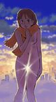  blush bob_cut brown_hair city cityscape cloud exhibitionism finger_to_mouth mimi_wo_sumaseba morning naked_scarf nude outdoors public_nudity ramb_chop scarf short_hair shushing solo sunrise tsukishima_shizuku 