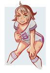  1girl brown_eyes brown_hair creatures_(company) eyebrows female_protagonist_(pokemon_swsh) game_freak highres matching_hair/eyes mcfly nintendo open_mouth pokemon pokemon_swsh shirt short_hair shorts simple_background socks solo teeth 