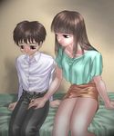  arm_support bed bedroom boy brown_eyes brown_hair cg crotch_grab femdom gotou_kenji hand_on_lap incest juan_gotoh long_hair milf mother mother_and_son seducing set son tagme 