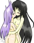 ass black_hair blush breasts cute embrace female girl hug kiss purple_hair yuri zero-q 