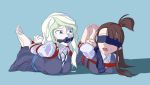  2girls barefoot bdsm blindfool blonde_hair blue_eyes bondage bound brown_hair cloth_gag diana_cavendish feet gag gagged hand_behind_back hogtie improvised_gag kagari_atsuko little_witch_academia multiple_girls rope soles toes white_hair white_legwear 