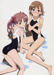  :3 absurdres all_fours ass back barefoot blush bow brown_eyes brown_hair competition_swimsuit covering detexted embarrassed feet flat_chest frown hair_bow hair_ornament hairclip highres kneepits legs long_hair looking_back misaka_mikoto multiple_girls non-web_source one-piece_swimsuit pink_eyes pink_hair shirai_kuroko short_hair sitting smile swimsuit third-party_edit to_aru_kagaku_no_railgun to_aru_majutsu_no_index twintails water wet yamashita_yuu 
