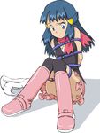  bdsm beanie black_legwear blue_eyes blue_hair bondage boots bound convenient_leg daikinbakuju full_body hat hikari_(pokemon) long_hair pink_footwear pokemon scarf simple_background skirt solo thighhighs tied_up white_background 