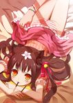  :3 animal_ears anklet ass barefoot bed bell blush brown_hair cat_ears dutch_angle feet flower food foot_hold hair_bell hair_flower hair_ornament hair_ribbon jewelry jingle_bell looking_up lying mofuringu mouth_hold on_stomach original panties pocky ribbon skirt skirt_lift solo striped striped_panties sunlight thigh_gap toe_scrunch toes trefoil underwear yellow_eyes 