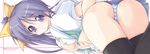  ass bad_id bad_pixiv_id bow breasts itou_noemi moyuru open_clothes open_shirt panties pantyshot purple_eyes purple_hair shirt small_breasts solo striped striped_panties thighhighs underwear with_you yellow_bow 