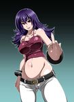  bare_shoulders belt bracelet breasts camisole casual cowboy_shot flipped_hair foreshortening groin gym_leader hands jewelry large_breasts middle_finger midriff natsume_(pokemon) navel pants pokemon pokemon_(game) pokemon_hgss purple_hair red_eyes satsuki_imonet smile solo unzipped 