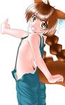  animal_ears braid brown_hair delica flat_chest highres long_hair naked_overalls nipples original overalls solo twin_braids yuka_(delica) 