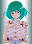  areola_slip areolae breasts breasts_outside cleavage earrings green_hair gustav_(telomere_na) hand_on_own_chest huge_breasts jewelry kazami_yuuka open_clothes open_shirt plaid plaid_vest red_eyes sarashi seductive_smile shirt short_hair smile solo touhou vest 
