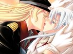  2boys absolute_obedience_(game) blonde_hair blush eyes_closed gloves hagen_haller kiss long_hair louise_hardwick male male_focus multiple_boys sweatdrop tongue uniform white_hair yaoi zettai_fukuju_meirei 