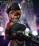  2018 anthro blonde_hair bra canid canine clothing dog_tags eye_patch eyewear female fox fur gun hair holding_object holding_weapon mammal multicolored_fur open_mouth orange_fur outside panties ranged_weapon rifle signature smile solo teeth tongue two_tone_fur underwear veramundis weapon white_fur 
