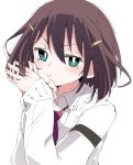  1girl brown_hair closed_mouth eyebrows_visible_through_hair green_eyes hair_ornament hairclip ixy long_sleeves looking_at_viewer necktie saki saki_achiga-hen shirt short_hair simple_background solo tsuruta_himeko upper_body white_background white_shirt 