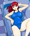  armpits breasts couch large_breasts lying mori_hikiko one-piece_swimsuit original red_eyes red_hair school_swimsuit solo swimsuit teriyaki 