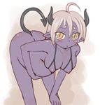  ahoge bent_over blush bra breasts cupless_bra demon_girl demon_tail earrings horns jewelry kure_(beniya) large_breasts lingerie navel nippleless_clothes nipples nude original pointy_ears pregnant purple_skin short_hair silver_hair solo tail underwear yellow_eyes 