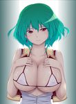  bikini_top blush breasts breasts_outside earrings green_hair gustav_(telomere_na) hands_on_own_chest highres huge_breasts jewelry kazami_yuuka open_clothes open_shirt plaid plaid_vest red_eyes seductive_smile shiny shiny_skin shirt smile solo touhou vest 