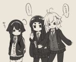  3girls :3 antenna_hair backpack bag bangs blazer brown_background cardigan closed_mouth collared_shirt commentary_request eyebrows_visible_through_hair hair_flaps hair_ornament hairband hands_in_pockets jacket kuranami_shiki long_sleeves monochrome multiple_girls natsuki_teru necktie nekomiya_ryuu open_blazer open_clothes open_jacket original outstretched_arm pantyhose pleated_skirt school_uniform sepia shikibe_ayaka shirt short_eyebrows simple_background skirt sleeves_past_wrists sweat thick_eyebrows thighhighs translation_request v-shaped_eyebrows 