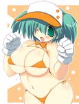  bikini blush bow bowtie breasts cleavage copyright_request curvy fang gloves green_eyes green_hair hat huge_breasts micro_bikini one_eye_closed open_mouth sakaki_(noi-gren) solo swimsuit twintails 