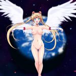  1girl angel angel_wings bishoujo_senshi_sailor_moon blush breasts choker gloves highres long_hair looking_at_viewer maruze_circus navel nipples nude open_mouth planet pussy red_choker sailor_moon solo space tsukino_usagi twintails uncensored very_long_hair white_gloves wings 
