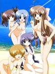  6+girls beach blush covering highres multiple_girls nude nude_cover ocean sea smile 
