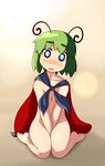  antennae barefoot between_thighs blue_eyes blush cape collarbone covering empty_eyes eyebrows flat_chest green_hair head_tilt lens_flare light naked_cape nude open_mouth short_hair sitting soles solo thighs touhou ugif v_arms wariza wriggle_nightbug 