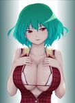  bad_id bad_pixiv_id bikini_top breasts cleavage green_hair gustav_(telomere_na) hands_on_own_chest huge_breasts kazami_yuuka naughty_face open_clothes open_shirt plaid plaid_vest red_eyes shiny shiny_skin shirt smile solo touhou vest 