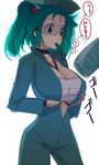  aqua_hair blue_eyes blush breast_lift breasts cleavage cucumber gustav_(telomere_na) hair_bobbles hair_ornament hat huge_breasts jumpsuit kawashiro_nitori mouth_hold open_clothes open_shirt sarashi shirt solo touhou twintails two_side_up 