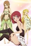  absurdres aria_(seiken_no_blacksmith) artist_request barefoot black_legwear blonde_hair blush brown_hair cecily_cambell closed_eyes feet highres leotard lisa_(seiken_no_blacksmith) long_hair multiple_girls nyantype open_mouth panties pointy_ears red_eyes red_hair seiken_no_blacksmith short_hair thighhighs thong underwear undressing very_long_hair white_panties 