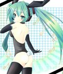  animal_ears ass bad_id bad_pixiv_id bunny_ears bunnysuit eema elbow_gloves gloves green_hair hatsune_miku headphones kemonomimi_mode long_hair looking_back solo thighhighs twintails very_long_hair vocaloid 