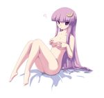  barefoot breasts coo covering covering_breasts crescent crescent_hair_ornament feet hair_ornament long_hair medium_breasts nude patchouli_knowledge purple_eyes purple_hair solo touhou 