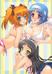  :o ahoge animal_ears ass back bikini black_hair blue_eyes blue_hair blush breast_press breasts cat_ears cleavage covered_nipples flat_chest green_eyes hair_ribbon hairband hazuki_kurumi kaitou_tenshi_twin_angel kannazuki_aoi koari large_breasts looking_back lying micro_bikini minazuki_haruka_(twin_angel) multiple_girls on_stomach one-piece_swimsuit open_mouth orange_hair purple_eyes ribbon side-tie_bikini smile striped striped_bikini striped_swimsuit swimsuit twin_angel twintails 