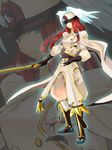  blazblue blazblue:_continuum_shift cape eyes hat highres long_hair red_hair solo sword tsubaki_yayoi weapon winged_hat youhei_(testament) zoom_layer 
