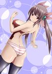  absurdres aoinagi ass back breasts brown_hair butt_crack hair_ornament highres large_breasts looking_back original panties solo striped striped_panties thighhighs underwear 