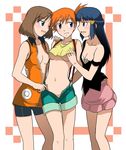  3girls blue_hair blush brown_hair haruka_(pokemon) hikari_(pokemon) kakkii kasumi_(pokemon) orange_hair pokemon smile yuri 