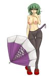  breasts colored_pubic_hair contrapposto curvy enoko_(zqfebi) green_hair hand_to_own_mouth kazami_yuuka large_breasts legs looking_at_viewer mary_janes nipples no_panties pantyhose pubic_hair red_eyes seductive_smile shoes short_hair slender_waist smile solo standing thigh_gap thighband_pantyhose topless touhou tsurime umbrella wide_hips 