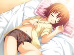  1girl bed brown_hair cute eyes_closed flat_chest game_cg hgame_cg indoors legs_open miyoshi_yuiko natsuzora_kanata navel orange_hair pajamas school_uniform schoolgirl short_hair shorts sleeping solo striped stripes yuzu_soft 