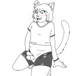  2018 anthro blush cat clothed clothing feline happy humanoid_penis male mammal masturbation open_mouth open_smile penile_masturbation penis shirt simple_background slightly_chubby smile solo thick_thighs unknown_artist white_background 