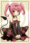  bare_shoulders blush bow detached_sleeves flat_chest indian_style nana_asta_deviluke pink_hair purple_eyes short_twintails sitting skirt solo striped striped_legwear tail thighhighs to_love-ru twintails yukino_minato 