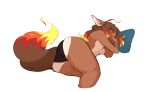  2018 ahoge animal_humanoid anthro big_butt bottomless breasts butt butt_focus canid canine canis caradhina clothed clothing cosmicminerals digital_media_(artwork) embers female fire fur hair hi_res humanoid larroqm mammal panties pillow simple_background sleeping small_breasts solo thick_thighs underwear wolf 