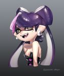  1girl aori_(splatoon) bare_shoulders black_background black_dress black_hair breasts cleavage collar collarbone domino_mask dress earrings fangs gradient gradient_background hair_ornament happy highres jewelry long_hair mask medium_breasts mole mole_under_eye nintendo open_mouth pointy_ears puchiman smile solo splatoon strapless strapless_dress tentacle_hair tied_hair tongue 