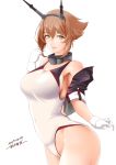  1girl 2019 adapted_costume artist_name black_capelet breasts brown_hair capelet collar collarbone competition_swimsuit covered_navel dated flipped_hair gloves green_eyes headgear highres kantai_collection kiriki_haruomi large_breasts lips looking_at_viewer metal_collar mutsu_(kantai_collection) one-piece_swimsuit parted_lips remodel_(kantai_collection) short_hair sideboob simple_background smile solo swimsuit upper_body white_background white_gloves white_swimsuit 