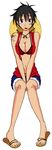  1girl :p bikini_top black_hair breasts feet female genderswap hapuriainen hat large_breasts long_image luffyko monkey_d_luffy navel one_piece open_clothes open_vest red_vest sandals scar shorts straw_hat tall_image tattoo tongue tongue_out vest 